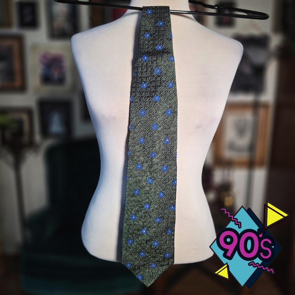 Structure Tie Vintage 90s Mens Green Blue Floral Silk Blend Necktie USA Made
